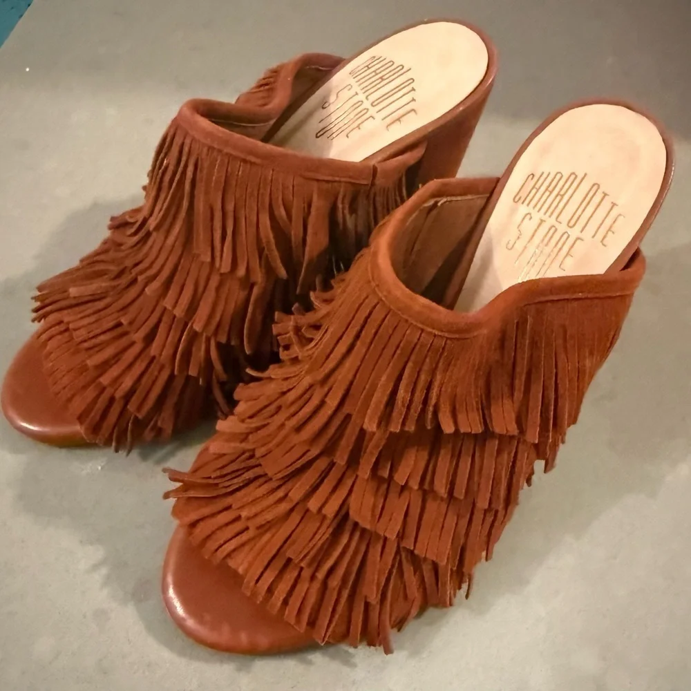 Charlotte Stone Morely Brown Fringe Mules Suede Boho 70s 6 - Picture 4 of 6